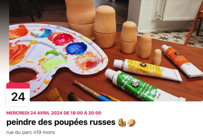 Bannière Facebook. Meyssa Gia illustration, Mons. Atelier « Peindre des poupées russes » 2024-04-24
